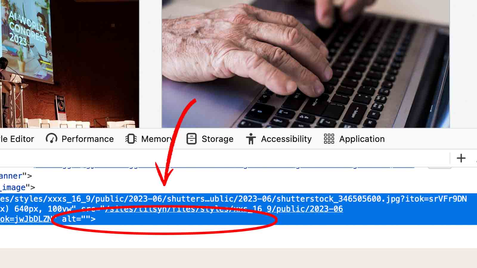 Skjermdump av Uutilsynets nettside. Html-kode viser at alt-tekst mangler til et bilde av gamle hender som skriver på et tastatur.